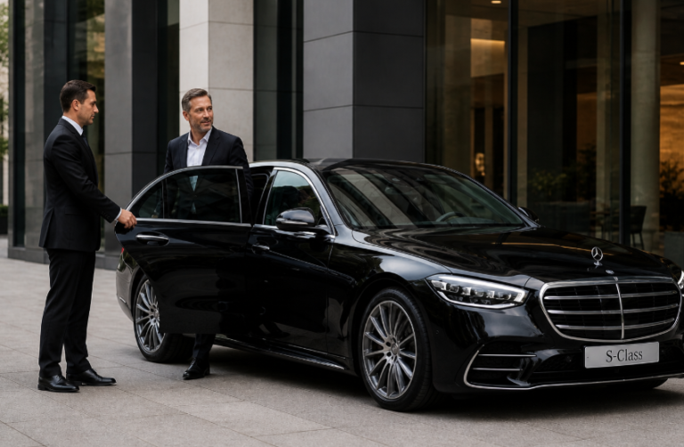 Black Mercedes S-Class limo with professional chauffeur in Chicago