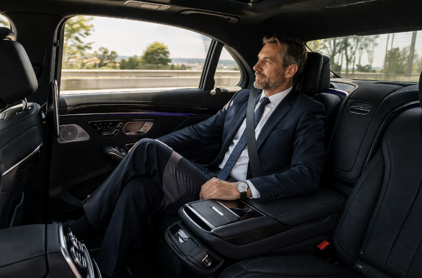 Rear passenger interior of a Mercedes S-Class for Chicago business travel