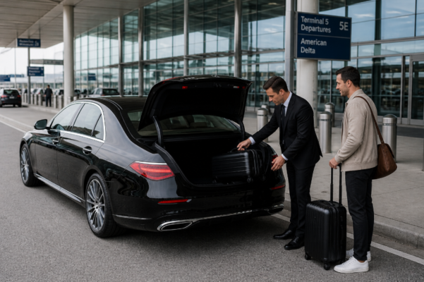 Mercedes S-Class airport limo at O'Hare Terminal 5 in Chicago