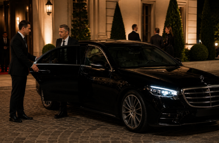 Mercedes S-Class limo arriving at a formal Chicago event